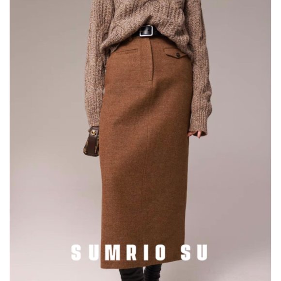 NWT 100% Wool Brown Maillard Vintage Style Pencil Skirt - Picture 3 of 6